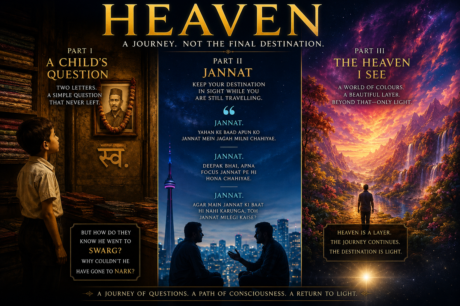 HEAVEN — A Journey, Not the Final Destination. A cinematic triptych representing a child’s question about Swarg, Jannat, and the spiritual journey toward Light.